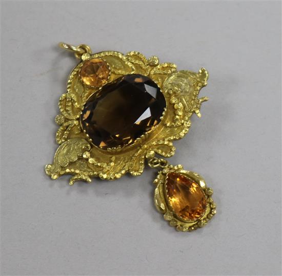 A late Victorian yellow metal, citrine and paste set drop pendant, 48mm.